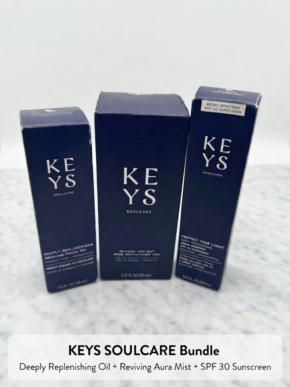 KEYS Soulcare 3‑Piece Bundle – Facial Oil + Aura Mist + SPF 30 – New